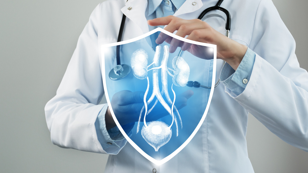 Illustration einer Ärztin mit Schutzschild und Organ-Symbolen